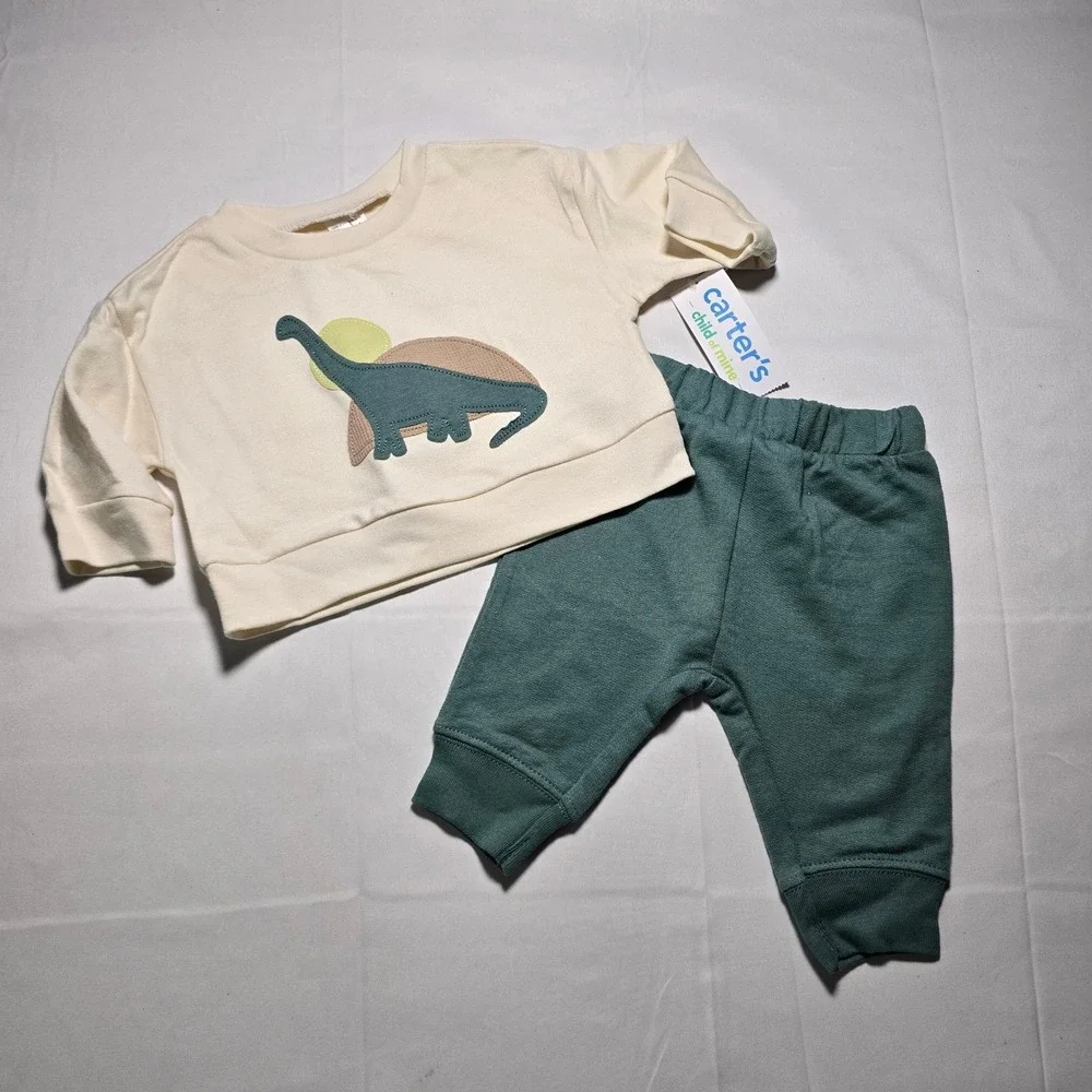 Carter's Baby Boy 0-3m Outfit Green Dinosaur Sweatshirt Jogger Set NWT